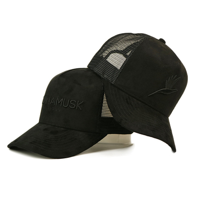 Chapéus do camionista da camurça do painel do preto 5 com logotipo curvado do bordado da borda
