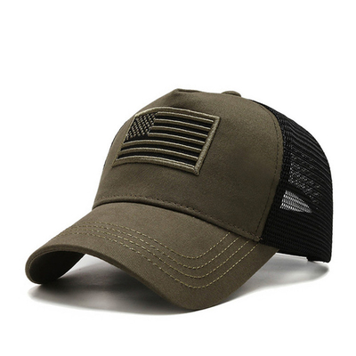 O chapéu de basebol 3D do algodão do verde do exército bordou o tampão traseiro plástico curvado do camionista do fechamento da fileira dobro