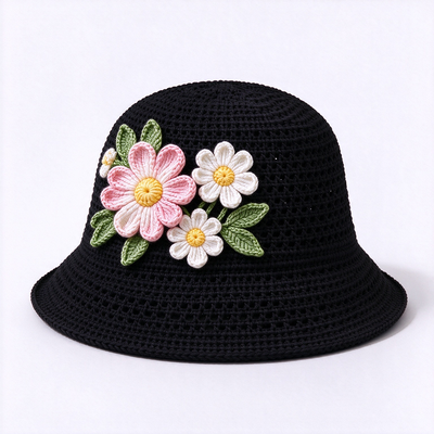 Chapéu de pescador de crochê com aplique floral 3D e 20 anos de experiência, feito com fio de algodão, adequado para viagens, praia, uso diário e streetwear