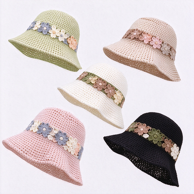 Chapéu de Crochê com Faixa Floral de Algodão com Aba Larga, Estiloso, Perfeito para Viagens, Praia, Uso Diário e Streetwear
