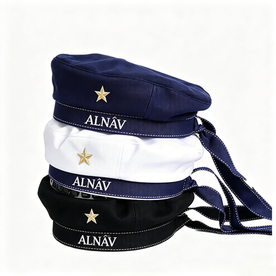 Classic Navy Style Beret Hat Embroidery Star Logo Beret With Ribbon Tie Cotton Lining Solid Color Beret For Daily Casual Wear Support Customization