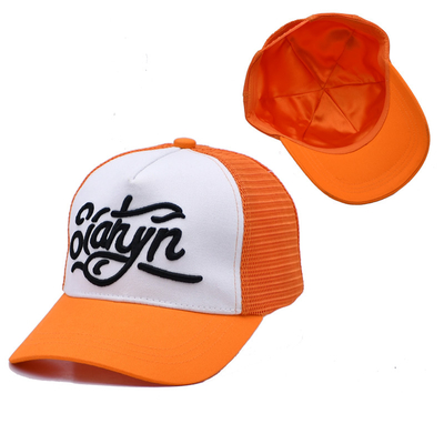Unisex 5 Panel Trucker Cap Custom 3d bordado Borda curva satinada alinhada chapéus de malha laranja