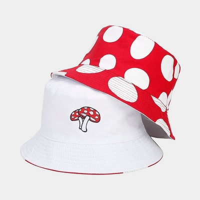 2025 Cotton Cartoon Mushroom Print Bucket Hat Fisherman Hat Outdoor Travel Sun Cap para homens e mulheres
