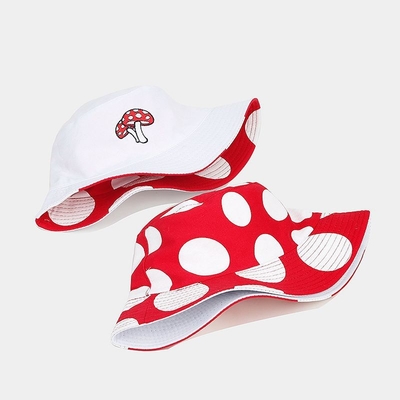 2025 Cotton Cartoon Mushroom Print Bucket Hat Fisherman Hat Outdoor Travel Sun Cap para homens e mulheres