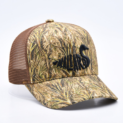 Design de moda curvo Brim Sport 6 Panel Trucker Mesh Hat Custom 3d bordado Camo Trucker Cap