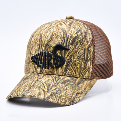Design de moda curvo Brim Sport 6 Panel Trucker Mesh Hat Custom 3d bordado Camo Trucker Cap