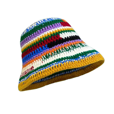 Chapéu de crochê personalizado de outono e inverno de cores artesanais, listrado, tricô, versátil, chapéus de balde de crochê, chapéu de pescador de mulheres, espesso