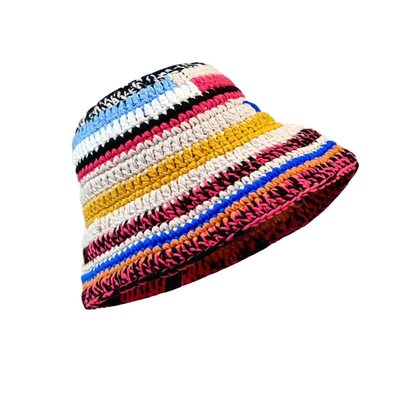 Chapéu de crochê personalizado de outono e inverno de cores artesanais, listrado, tricô, versátil, chapéus de balde de crochê, chapéu de pescador de mulheres, espesso