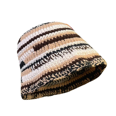 Chapéu de crochê personalizado de outono e inverno de cores artesanais, listrado, tricô, versátil, chapéus de balde de crochê, chapéu de pescador de mulheres, espesso