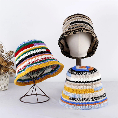 Chapéu de crochê personalizado de outono e inverno de cores artesanais, listrado, tricô, versátil, chapéus de balde de crochê, chapéu de pescador de mulheres, espesso