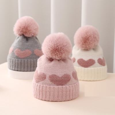 2024 Novo Outono Inverno Chapéus de Trico Bebê Meninas Acrílico Bilayer Quente Pequeno Criança Bonitinho Carinhoso Coração Chapéu recém-nascido