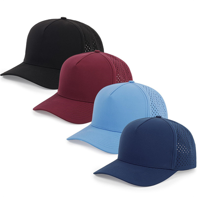 Gráfico de 5 painéis Capuz de Basebol Azul Custom Laser Cut Hole Gorras Golf Chapéu Desportivo de Poliéster Impermeável