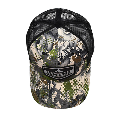 Logotipo personalizado Retalho de malha Chapéu de caminhoneiro Grátis 6 painéis Camuflagem Chapéu de caminhoneiro Personalizado