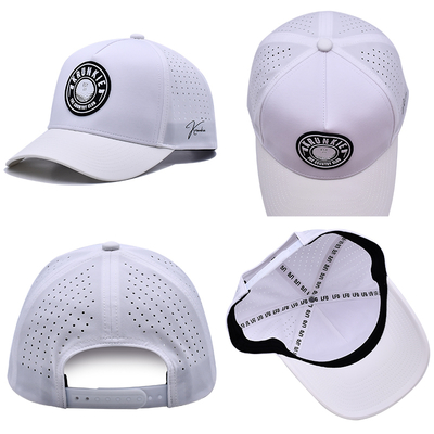 Boné de pai esportivo com logotipo de PVC de borracha de 5 painéis personalizados OEM, orifício cortado a laser, perfurado, desempenho esportivo, branco, resistente à água, resistente a UV, boné de beisebol