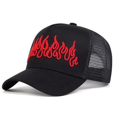Flame Street Style Chapéu Hip Hop ajustável bordado Snapback Curve Brim Trucker Mesh Sports Cap