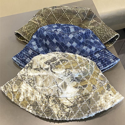 Venda Quente Primavera e Outono Novo Flat Top Frito Denim Suquin Plaid Bordado Custom Bucket Hat Bordado Logotipo Chapéu de Pescador