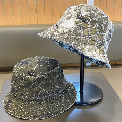 Venda Quente Primavera e Outono Novo Flat Top Frito Denim Suquin Plaid Bordado Custom Bucket Hat Bordado Logotipo Chapéu de Pescador