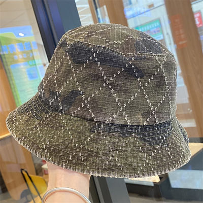 Venda Quente Primavera e Outono Novo Flat Top Frito Denim Suquin Plaid Bordado Custom Bucket Hat Bordado Logotipo Chapéu de Pescador