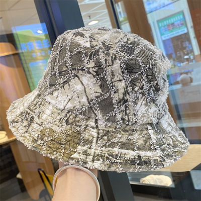 Venda Quente Primavera e Outono Novo Flat Top Frito Denim Suquin Plaid Bordado Custom Bucket Hat Bordado Logotipo Chapéu de Pescador