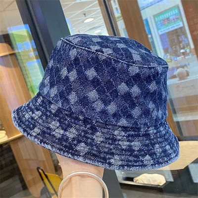 Venda Quente Primavera e Outono Novo Flat Top Frito Denim Suquin Plaid Bordado Custom Bucket Hat Bordado Logotipo Chapéu de Pescador