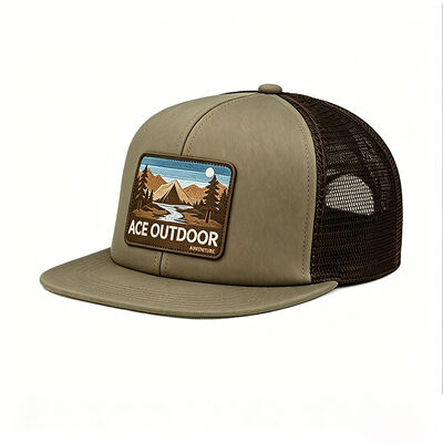 Boné trucker verde oliva claro com aba curva em cores personalizáveis, perfeito para uniformes de equipe, marca da empresa e uso casual