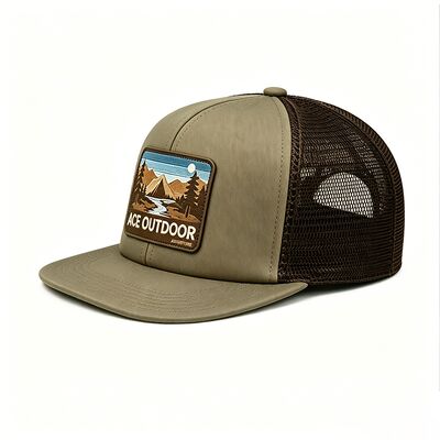 Boné trucker verde oliva claro com aba curva em cores personalizáveis, perfeito para uniformes de equipe, marca da empresa e uso casual