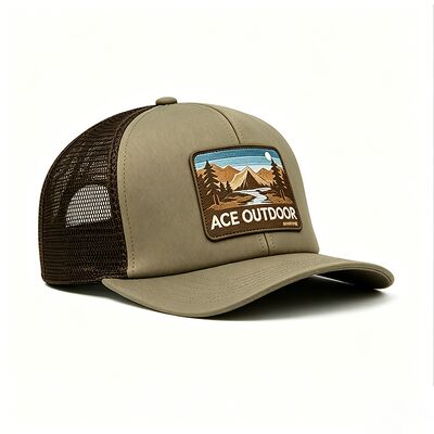 Boné trucker verde oliva claro com aba curva em cores personalizáveis, perfeito para uniformes de equipe, marca da empresa e uso casual