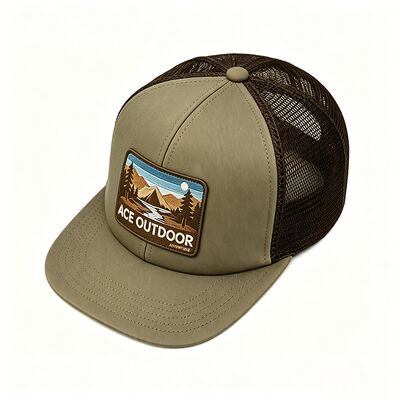 Boné trucker verde oliva claro com aba curva em cores personalizáveis, perfeito para uniformes de equipe, marca da empresa e uso casual