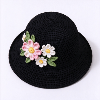 Chapéu de pescador de crochê com aplique floral 3D e 20 anos de experiência, feito com fio de algodão, adequado para viagens, praia, uso diário e streetwear