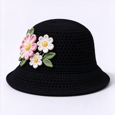 Chapéu de pescador de crochê com aplique floral 3D e 20 anos de experiência, feito com fio de algodão, adequado para viagens, praia, uso diário e streetwear