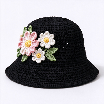 Chapéu de pescador de crochê com aplique floral 3D e 20 anos de experiência, feito com fio de algodão, adequado para viagens, praia, uso diário e streetwear