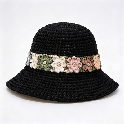 Chapéu de Crochê com Faixa Floral de Algodão com Aba Larga, Estiloso, Perfeito para Viagens, Praia, Uso Diário e Streetwear