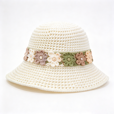 Chapéu de Crochê com Faixa Floral de Algodão com Aba Larga, Estiloso, Perfeito para Viagens, Praia, Uso Diário e Streetwear