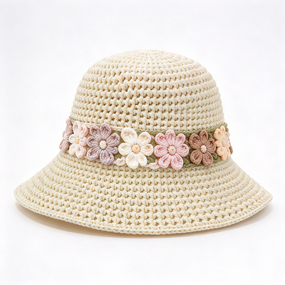 Chapéu de Crochê com Faixa Floral de Algodão com Aba Larga, Estiloso, Perfeito para Viagens, Praia, Uso Diário e Streetwear