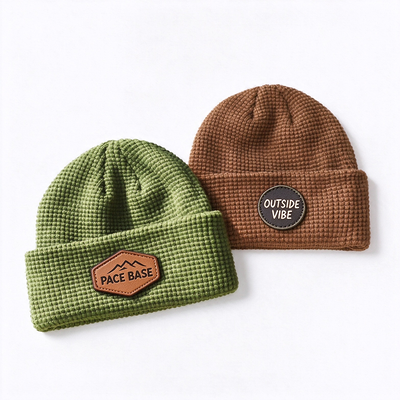 Waffle Knit Beanie Hats Adult Leather Patch Custom Options Designed for Stylish Cold Weather Protection