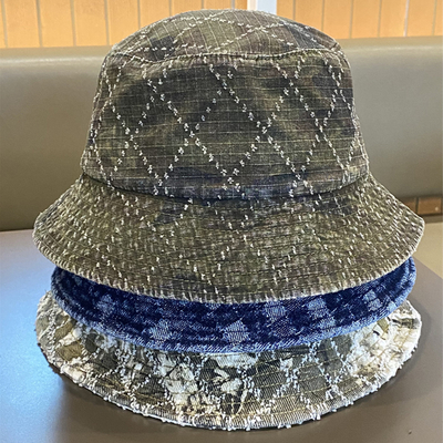 Venda Quente Primavera e Outono Novo Flat Top Frito Denim Suquin Plaid Bordado Custom Bucket Hat Bordado Logotipo Chapéu de Pescador