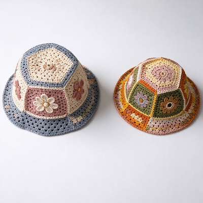 Chapéu de Balde de Crochê Floral Patchwork de Aba Larga Leve Respirável Proteção Solar para Streetwear Diário Vintage