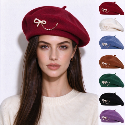 Boina Clássica Feminina de Lã com Pérola, Laço e Corrente, Boina Francesa Vintage de Cor Sólida Quente para Uso Casual Diário, Suporta Personalização