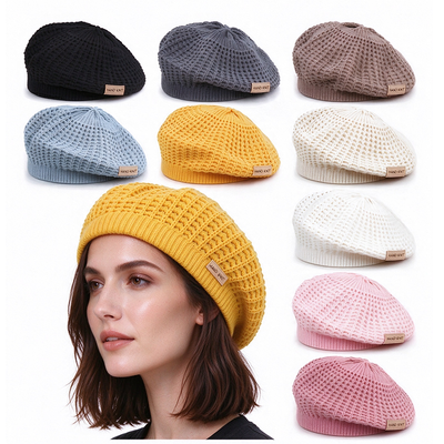 Chapéu de boina de tricô personalizado para mulheres Boina de mão feita à mão Boina de cor sólida Boina de boné macia Boina para todas as estações