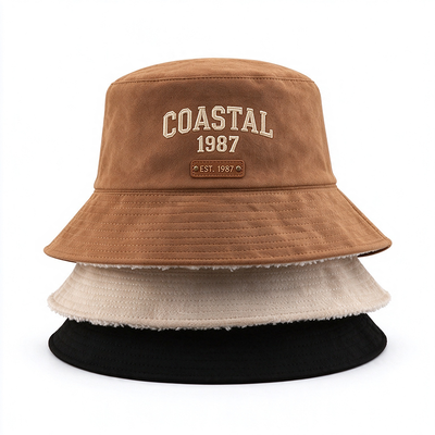 Chapéu bucket de poliéster e algodão com forro de fleece bordado vintage chapéu de pescador chapéu quente para outono e inverno